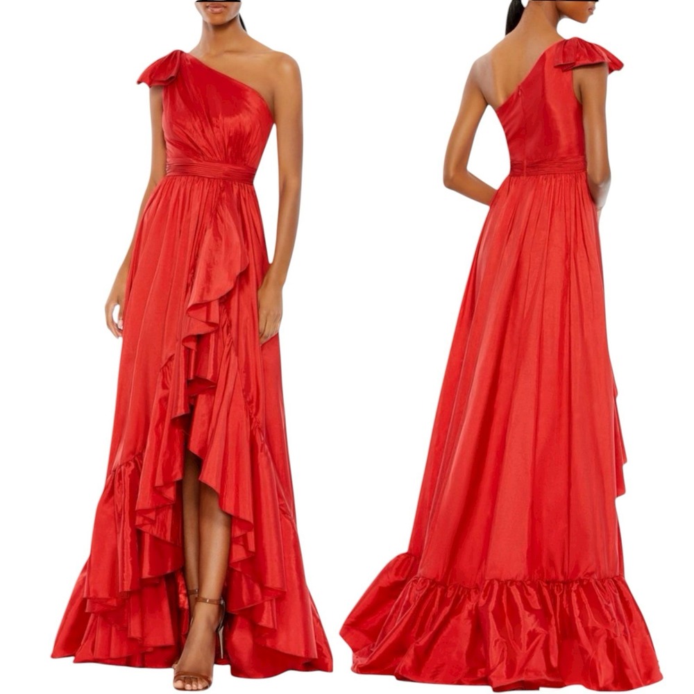 Mac Duggal 68027 Gown Size 12 Red Taffeta One Shoulder Asymmetric Ruffle Hem‎